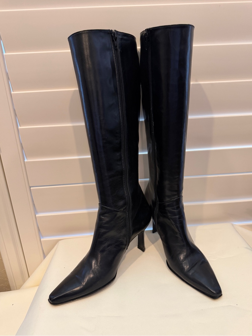 Stewart Weitzman, Vintage Black Leather, Knee-high Pointed Toe Kitten Heel Boots